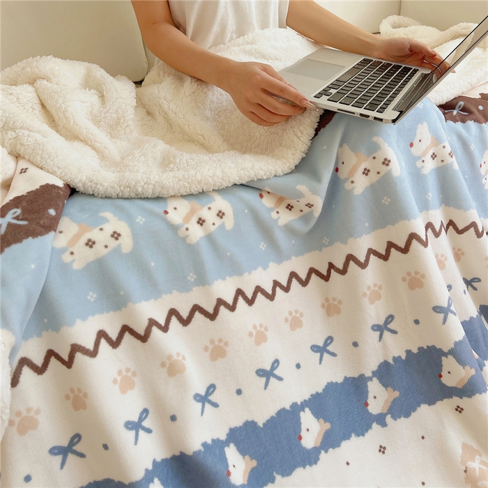 91家纺网 家纺一手货源 找家纺 葡萄家 2025新款A类ins小清新少女可爱奶油猫咪卡通加厚牛奶绒羊羔绒多功能毛毯毯子 绒毛毯-MT波西狗狗