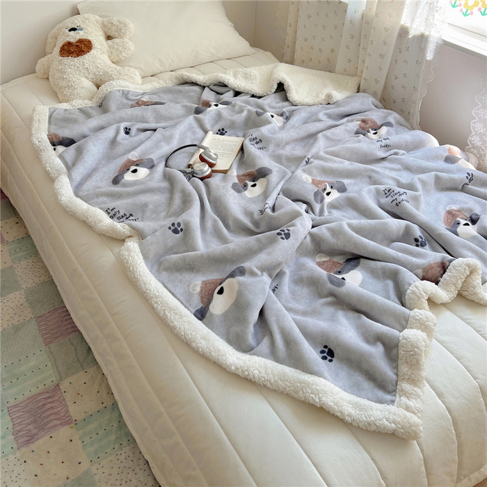 91家纺网 家纺一手货源 找家纺 葡萄家 2025新款A类ins小清新少女可爱奶油猫咪卡通加厚牛奶绒羊羔绒多功能毛毯毯子 绒毛毯-MT灰萌狗