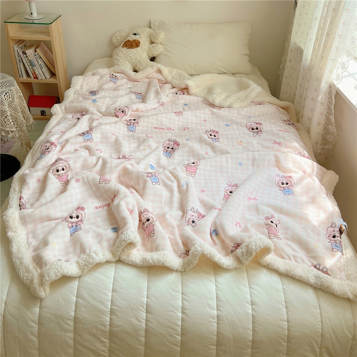 91家纺网 家纺一手货源 找家纺 葡萄家 2025新款A类ins小清新少女可爱奶油猫咪卡通加厚牛奶绒羊羔绒多功能毛毯毯子 绒毛毯-MT粉格可可