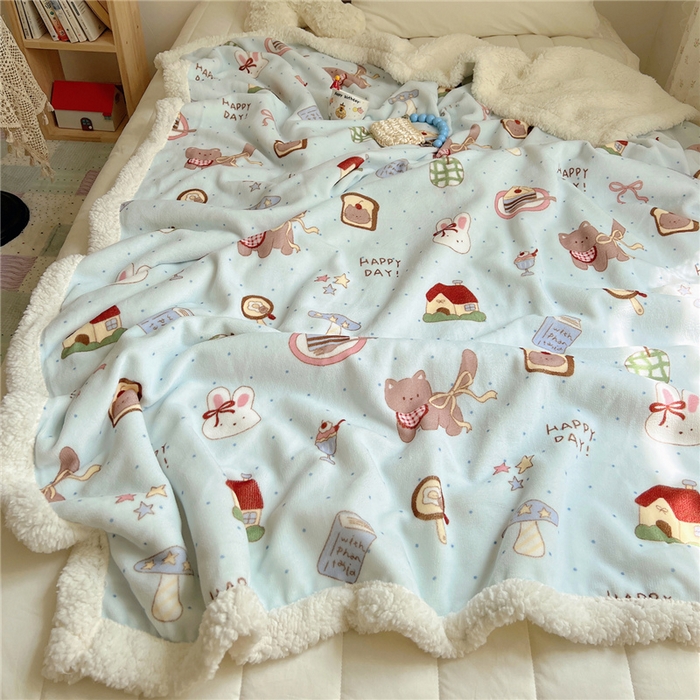 91家纺网 家纺一手货源 找家纺 葡萄家 2025新款A类ins小清新少女可爱奶油猫咪卡通加厚牛奶绒羊羔绒多功能毛毯毯子 绒毛毯-MT蓝色日记