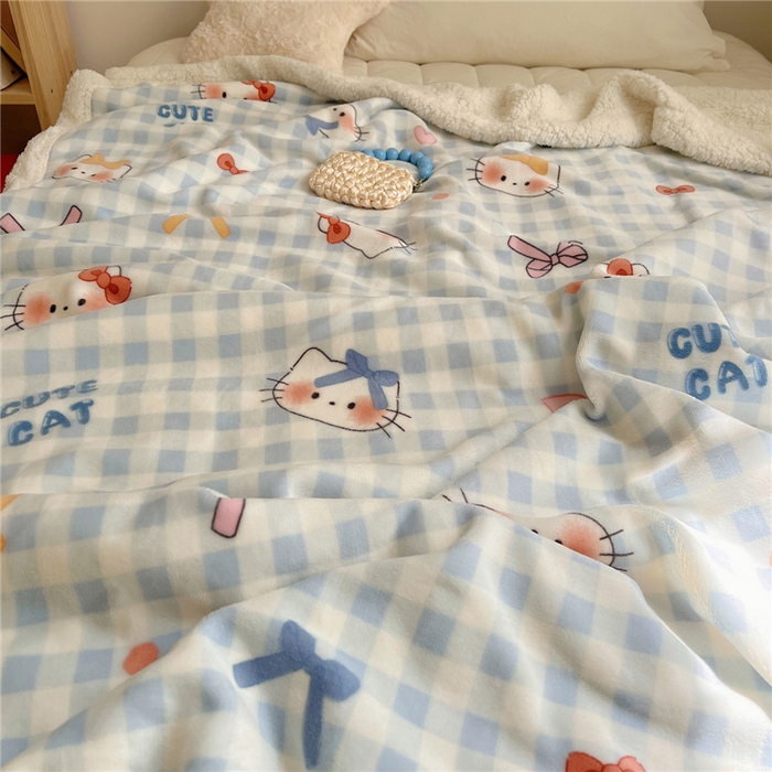 91家纺网 家纺一手货源 找家纺 葡萄家 2025新款A类ins小清新少女可爱奶油猫咪卡通加厚牛奶绒羊羔绒多功能毛毯毯子 绒毛毯-MT蓝格喵喵