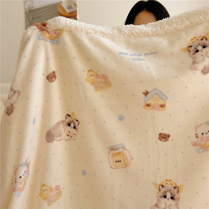 91家纺网 家纺一手货源 找家纺 葡萄家 2025新款A类ins小清新少女可爱奶油猫咪卡通加厚牛奶绒羊羔绒多功能毛毯毯子 绒毛毯-MT公主喵