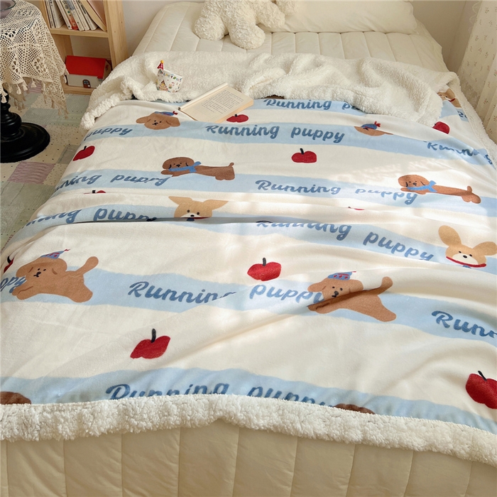 91家纺网 家纺一手货源 找家纺 葡萄家 2025新款A类ins小清新少女可爱奶油猫咪卡通加厚牛奶绒羊羔绒多功能毛毯毯子 绒毛毯-MT欢乐狗