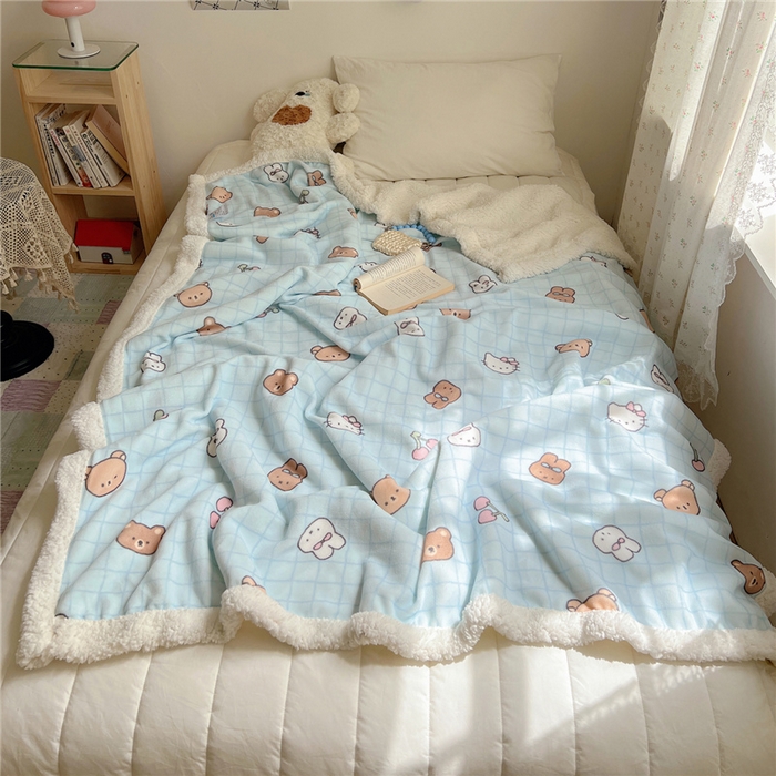 91家纺网 家纺一手货源 找家纺 葡萄家 2025新款A类ins小清新少女可爱奶油猫咪卡通加厚牛奶绒羊羔绒多功能毛毯毯子 绒毛毯-MT蓝格熊兔