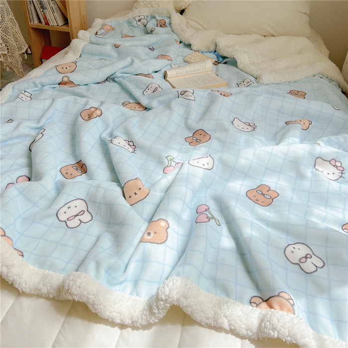 91家纺网 家纺一手货源 找家纺 葡萄家 2025新款A类ins小清新少女可爱奶油猫咪卡通加厚牛奶绒羊羔绒多功能毛毯毯子 绒毛毯-MT蓝格熊兔