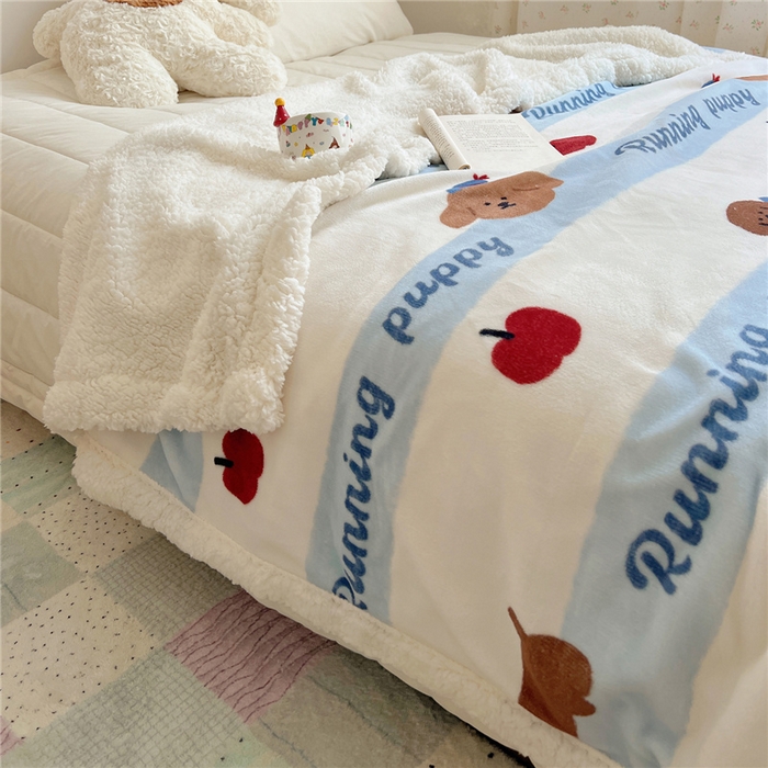 91家纺网 家纺一手货源 找家纺 葡萄家 2025新款A类ins小清新少女可爱奶油猫咪卡通加厚牛奶绒羊羔绒多功能毛毯毯子 绒毛毯-MT欢乐狗