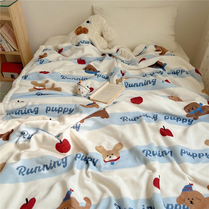 91家纺网 家纺一手货源 找家纺 葡萄家 2025新款A类ins小清新少女可爱奶油猫咪卡通加厚牛奶绒羊羔绒多功能毛毯毯子 绒毛毯-MT欢乐狗