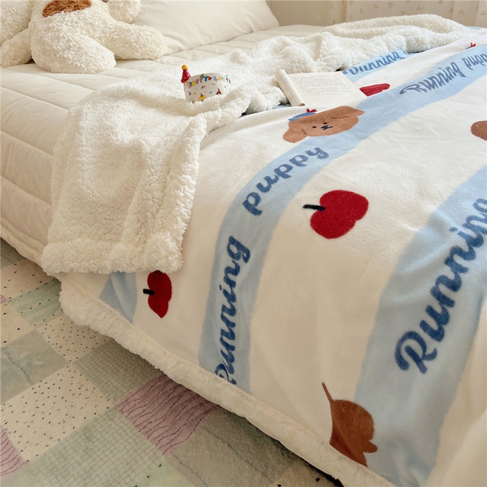 91家纺网 家纺一手货源 找家纺 葡萄家 2025新款A类ins小清新少女可爱奶油猫咪卡通加厚牛奶绒羊羔绒多功能毛毯毯子 绒毛毯-MT欢乐狗