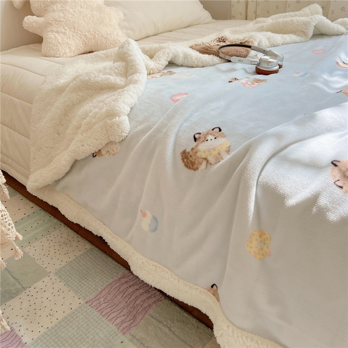 91家纺网 家纺一手货源 找家纺 葡萄家 2025新款A类ins小清新少女可爱奶油猫咪卡通加厚牛奶绒羊羔绒多功能毛毯毯子 绒毛毯-MT蓝色公主猫