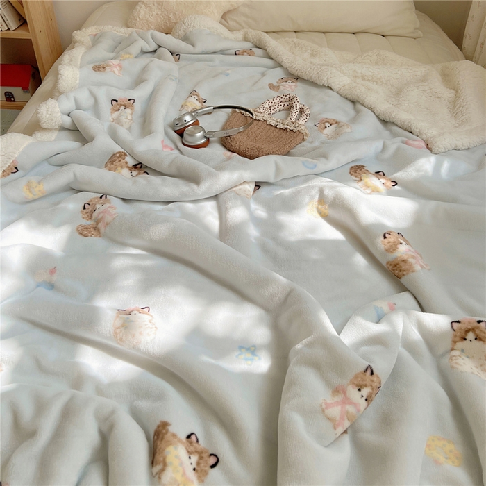 91家纺网 家纺一手货源 找家纺 葡萄家 2025新款A类ins小清新少女可爱奶油猫咪卡通加厚牛奶绒羊羔绒多功能毛毯毯子 绒毛毯-MT蓝色公主猫