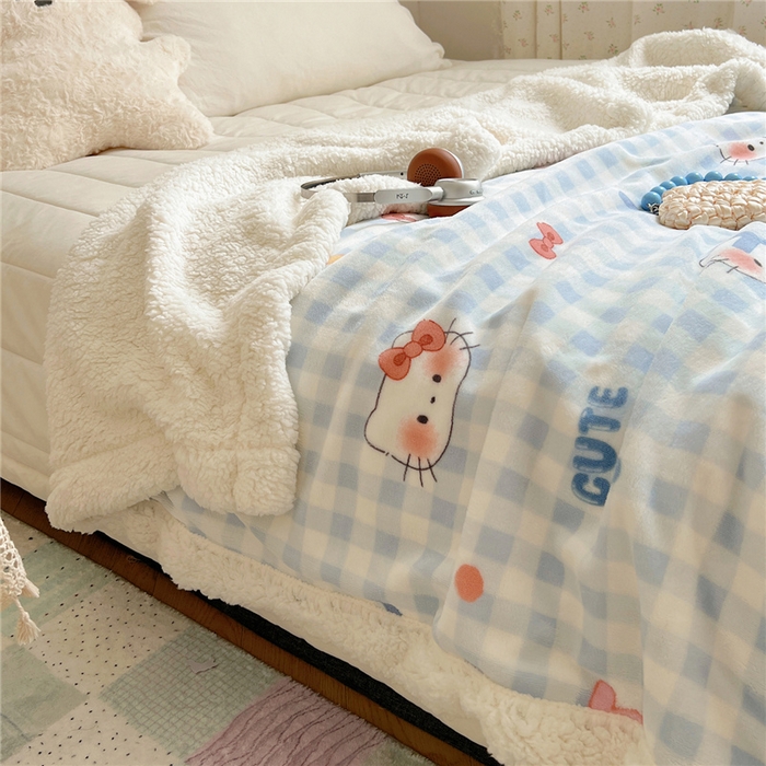 91家纺网 家纺一手货源 找家纺 葡萄家 2025新款A类ins小清新少女可爱奶油猫咪卡通加厚牛奶绒羊羔绒多功能毛毯毯子 绒毛毯-MT蓝格喵喵