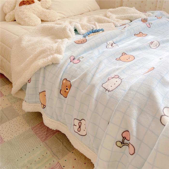 91家纺网 家纺一手货源 找家纺 葡萄家 2025新款A类ins小清新少女可爱奶油猫咪卡通加厚牛奶绒羊羔绒多功能毛毯毯子 绒毛毯-MT蓝格熊兔