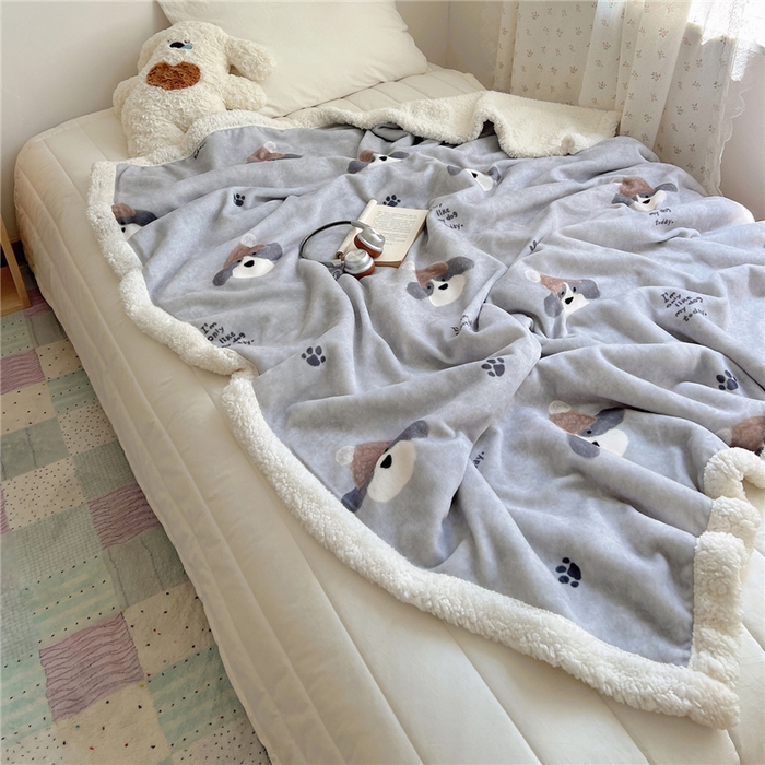 91家纺网 家纺一手货源 找家纺 葡萄家 2025新款A类ins小清新少女可爱奶油猫咪卡通加厚牛奶绒羊羔绒多功能毛毯毯子 绒毛毯-MT灰萌狗