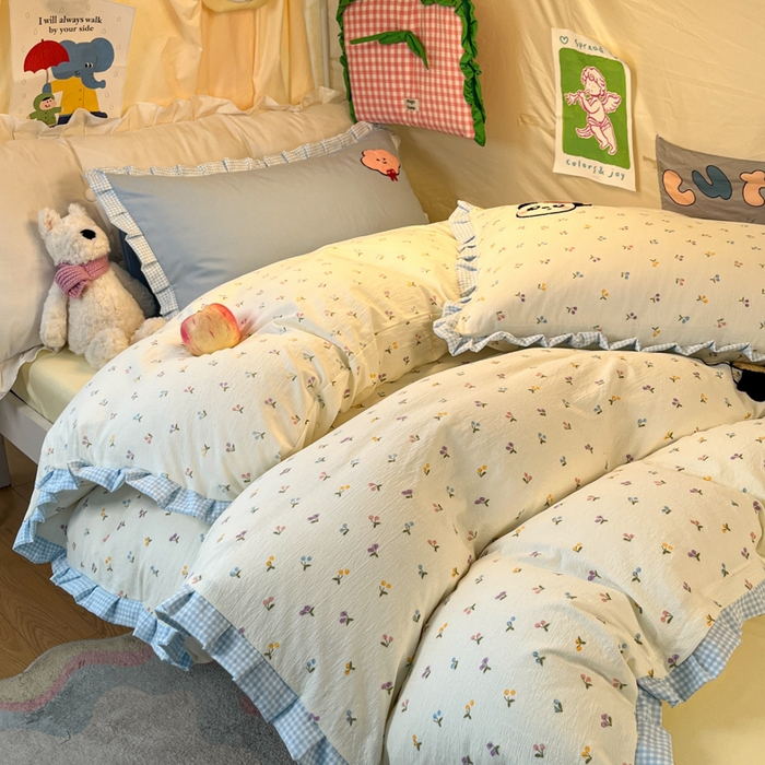 91家纺网 家纺一手货源 找家纺 （总）澜妃 2025新款学生季少女心褶皱花边毛巾绣学生宿舍三四件套上下铺三四件（小红书热款）