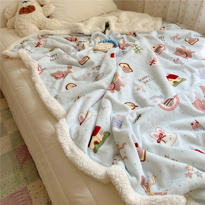 91家纺网 家纺一手货源 找家纺 葡萄家 2025新款A类ins小清新少女可爱奶油猫咪卡通加厚牛奶绒羊羔绒多功能毛毯毯子 绒毛毯-MT蓝色日记