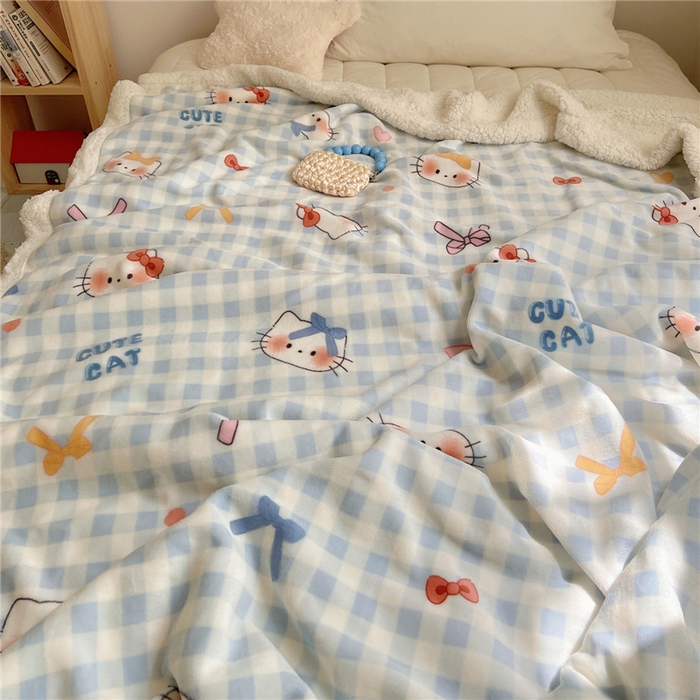 91家纺网 家纺一手货源 找家纺 葡萄家 2025新款A类ins小清新少女可爱奶油猫咪卡通加厚牛奶绒羊羔绒多功能毛毯毯子 绒毛毯-MT蓝格喵喵