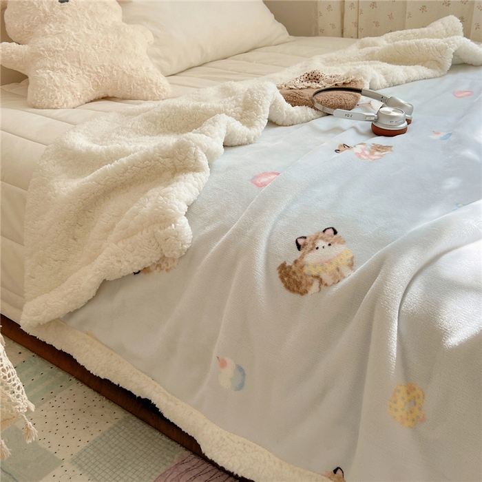 91家纺网 家纺一手货源 找家纺 葡萄家 2025新款A类ins小清新少女可爱奶油猫咪卡通加厚牛奶绒羊羔绒多功能毛毯毯子 绒毛毯-MT蓝色公主猫