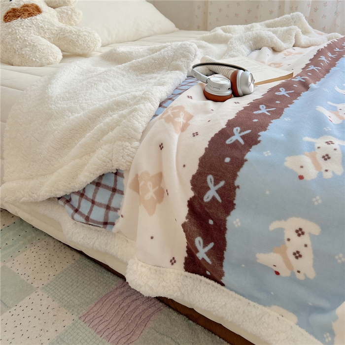 91家纺网 家纺一手货源 找家纺 葡萄家 2025新款A类ins小清新少女可爱奶油猫咪卡通加厚牛奶绒羊羔绒多功能毛毯毯子 绒毛毯-MT波西狗狗