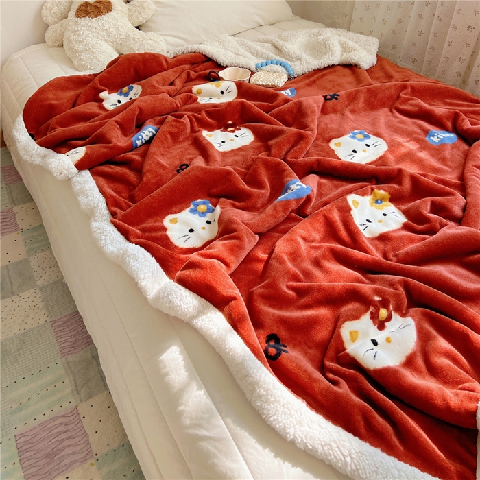 91家纺网 家纺一手货源 找家纺 葡萄家 2025新款A类ins小清新少女可爱奶油猫咪卡通加厚牛奶绒羊羔绒多功能毛毯毯子 绒毛毯-MT花花喵