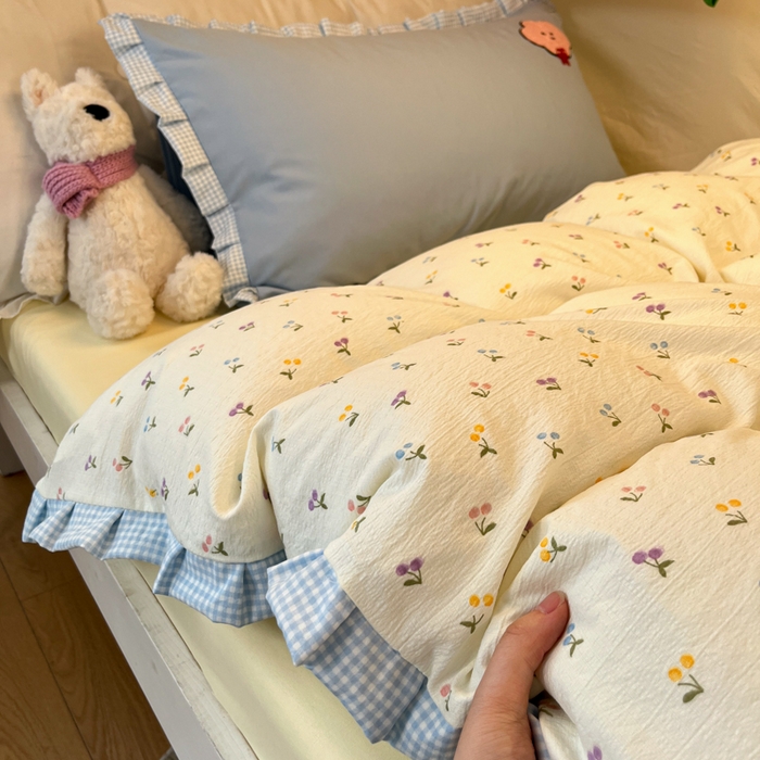 91家纺网 家纺一手货源 找家纺 （总）澜妃 2025新款学生季少女心褶皱花边毛巾绣学生宿舍三四件套上下铺三四件（小红书热款）