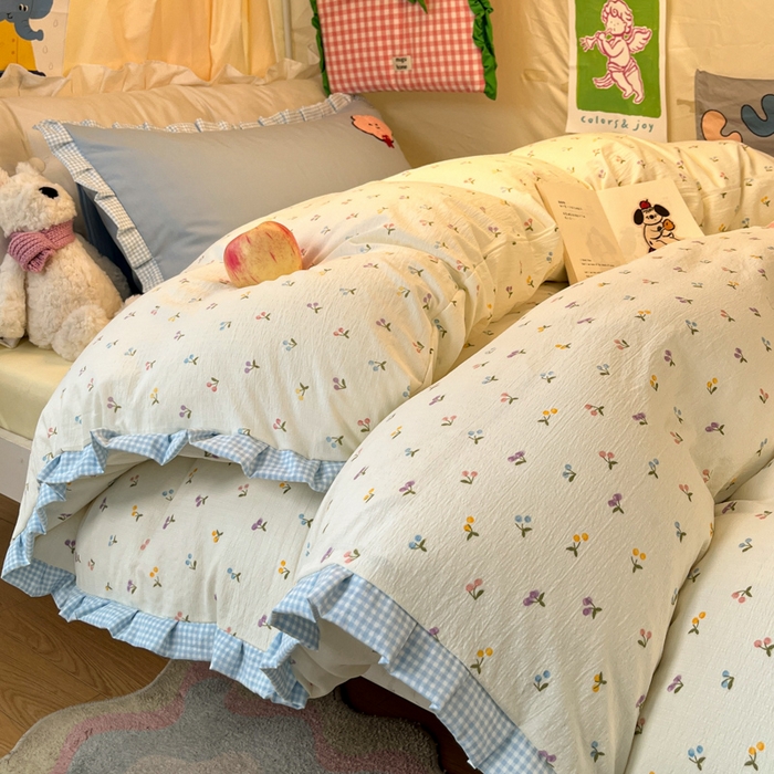 91家纺网 家纺一手货源 找家纺 （总）澜妃 2025新款学生季少女心褶皱花边毛巾绣学生宿舍三四件套上下铺三四件（小红书热款）