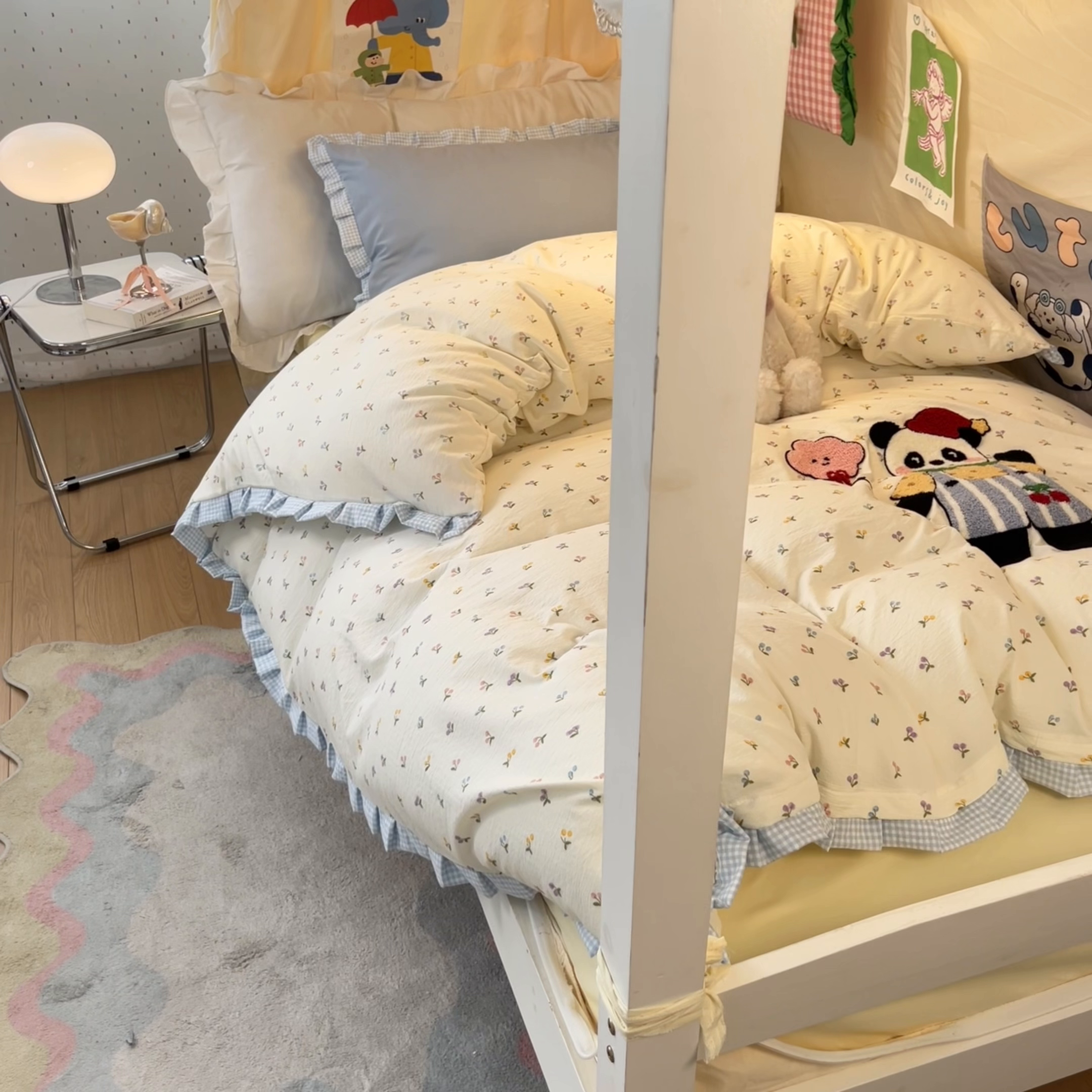 91家纺网 家纺一手货源 找家纺 （总）澜妃 2025新款学生季少女心褶皱花边毛巾绣学生宿舍三四件套上下铺三四件（小红书热款）