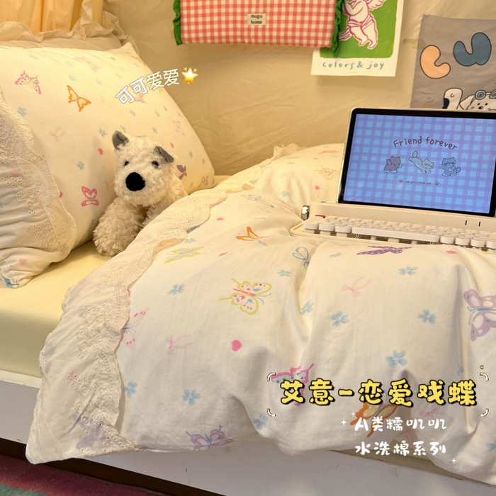 91家纺网 家纺一手货源 找家纺 （总）澜妃 2025新款糯叽叽水洗棉全棉蕾丝花边宿舍床上下铺三件套-艾意系列