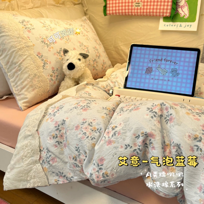 91家纺网 家纺一手货源 找家纺 （总）澜妃 2025新款糯叽叽水洗棉全棉蕾丝花边宿舍床上下铺三件套-艾意系列