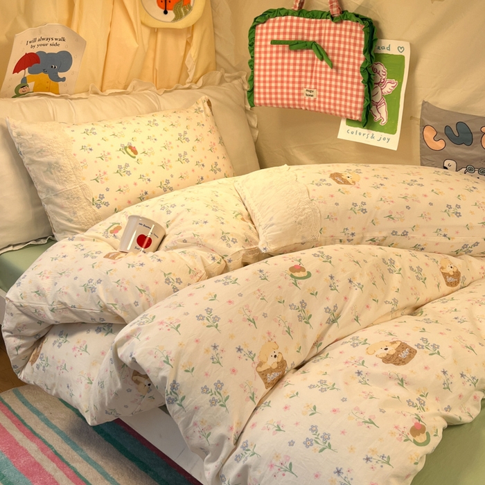 91家纺网 家纺一手货源 找家纺 澜妃 2025新款糯叽叽水洗棉全棉蕾丝花边宿舍床上下铺三件套-艾意系列 艾意-午后时光