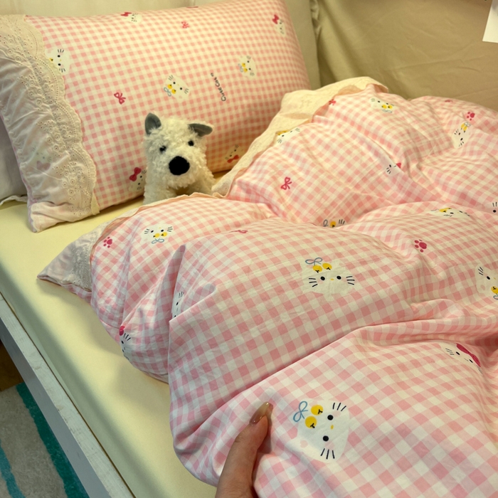 91家纺网 家纺一手货源 找家纺 澜妃 2025新款糯叽叽水洗棉全棉蕾丝花边宿舍床上下铺三件套-艾意系列 艾意-宅宅猫爪