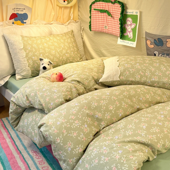 91家纺网 家纺一手货源 找家纺 澜妃 2025新款糯叽叽水洗棉全棉蕾丝花边宿舍床上下铺三件套-艾意系列 艾意-春江雾