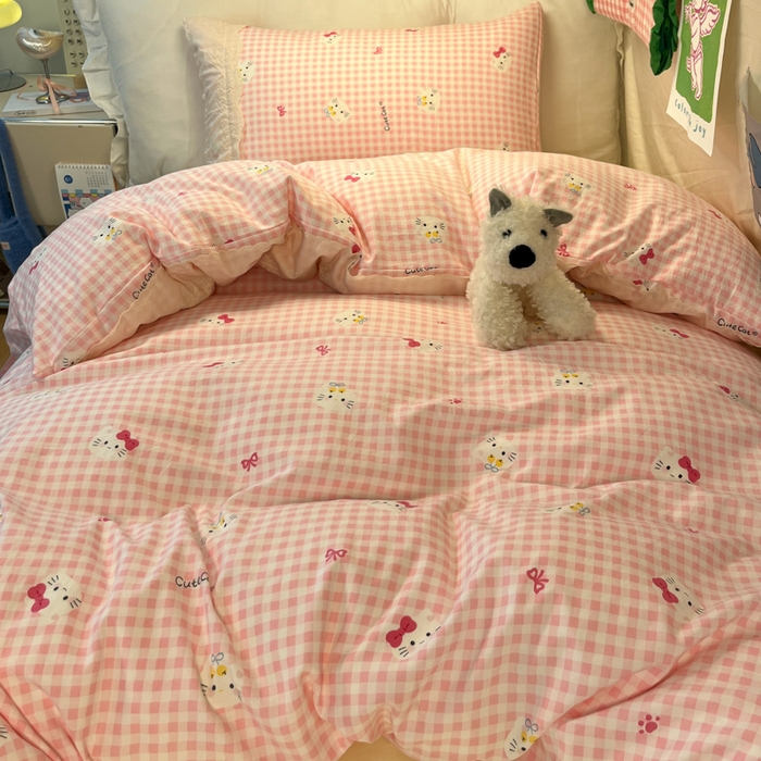 91家纺网 家纺一手货源 找家纺 澜妃 2025新款糯叽叽水洗棉全棉蕾丝花边宿舍床上下铺三件套-艾意系列 艾意-宅宅猫爪