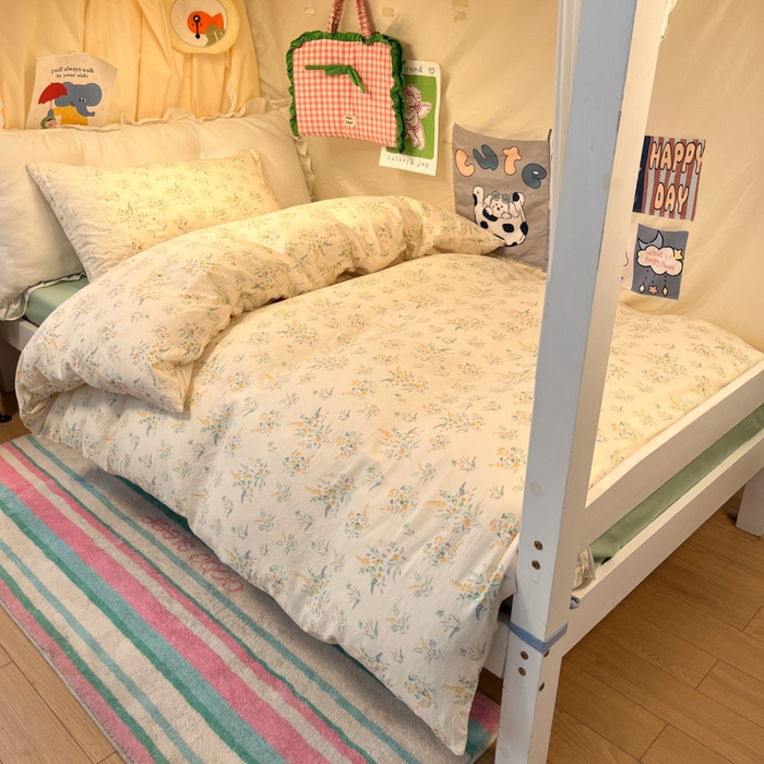 91家纺网 家纺一手货源 找家纺 澜妃 2025新款糯叽叽水洗棉全棉蕾丝花边宿舍床上下铺三件套-艾意系列 艾意-飘零