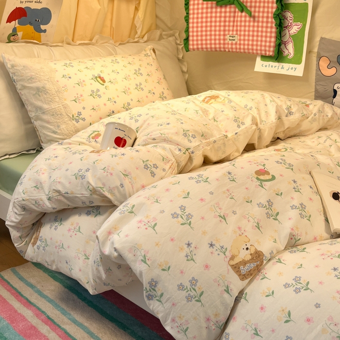 91家纺网 家纺一手货源 找家纺 澜妃 2025新款糯叽叽水洗棉全棉蕾丝花边宿舍床上下铺三件套-艾意系列 艾意-午后时光