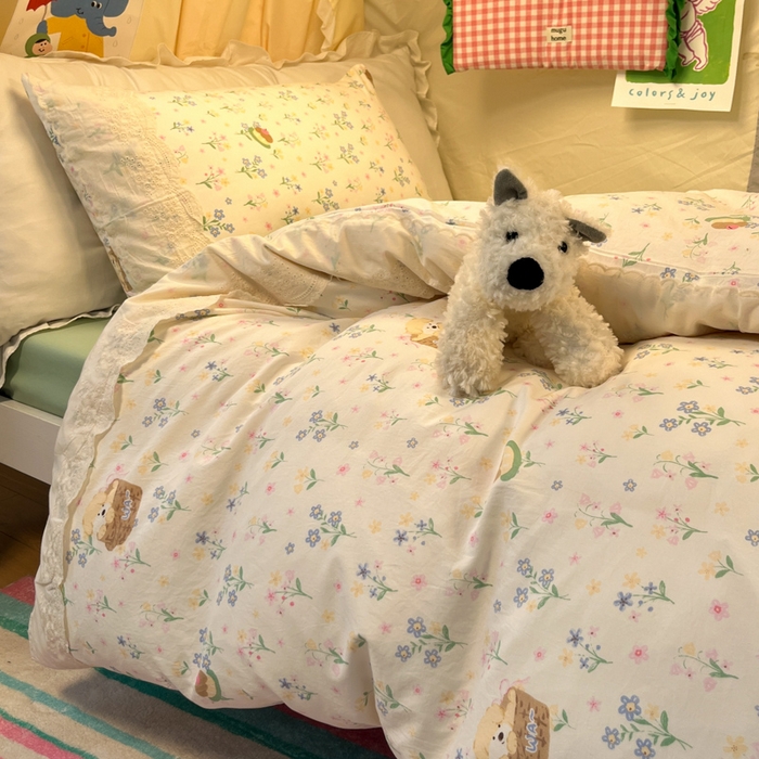 91家纺网 家纺一手货源 找家纺 澜妃 2025新款糯叽叽水洗棉全棉蕾丝花边宿舍床上下铺三件套-艾意系列 艾意-午后时光