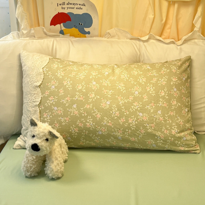 91家纺网 家纺一手货源 找家纺 澜妃 2025新款糯叽叽水洗棉全棉蕾丝花边宿舍床上下铺三件套-艾意系列 艾意-春江雾