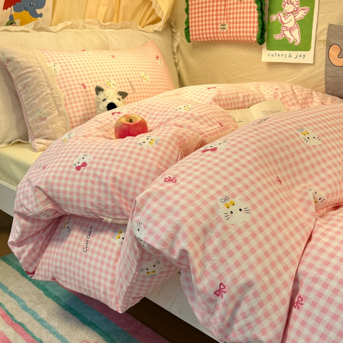 91家纺网 家纺一手货源 找家纺 澜妃 2025新款糯叽叽水洗棉全棉蕾丝花边宿舍床上下铺三件套-艾意系列 艾意-宅宅猫爪