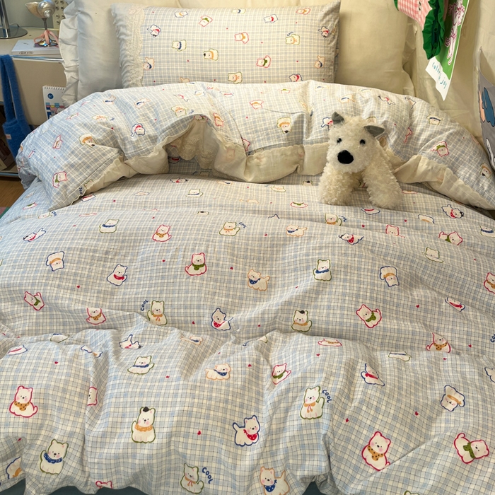 91家纺网 家纺一手货源 找家纺 澜妃 2025新款糯叽叽水洗棉全棉蕾丝花边宿舍床上下铺三件套-艾意系列 艾意-特萌西高地