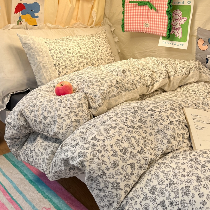 91家纺网 家纺一手货源 找家纺 澜妃 2025新款糯叽叽水洗棉全棉蕾丝花边宿舍床上下铺三件套-艾意系列 艾意-山月枇杷