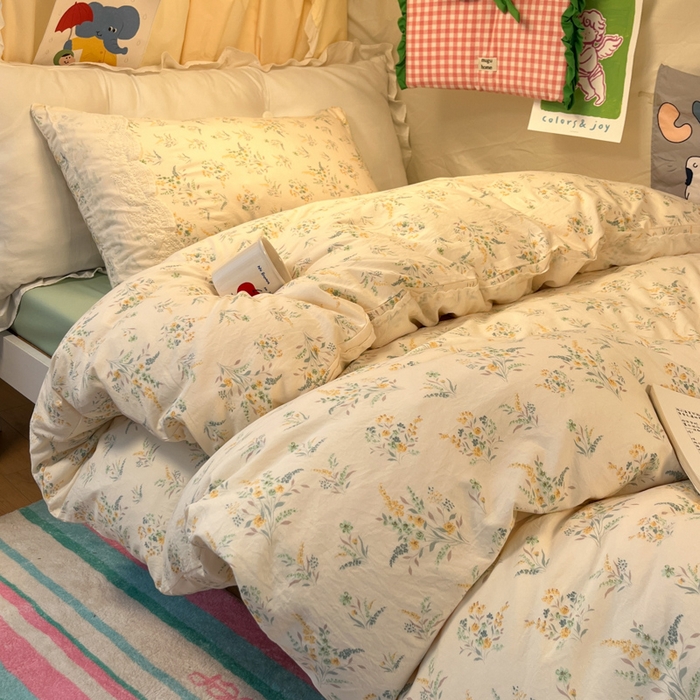 91家纺网 家纺一手货源 找家纺 澜妃 2025新款糯叽叽水洗棉全棉蕾丝花边宿舍床上下铺三件套-艾意系列 艾意-飘零