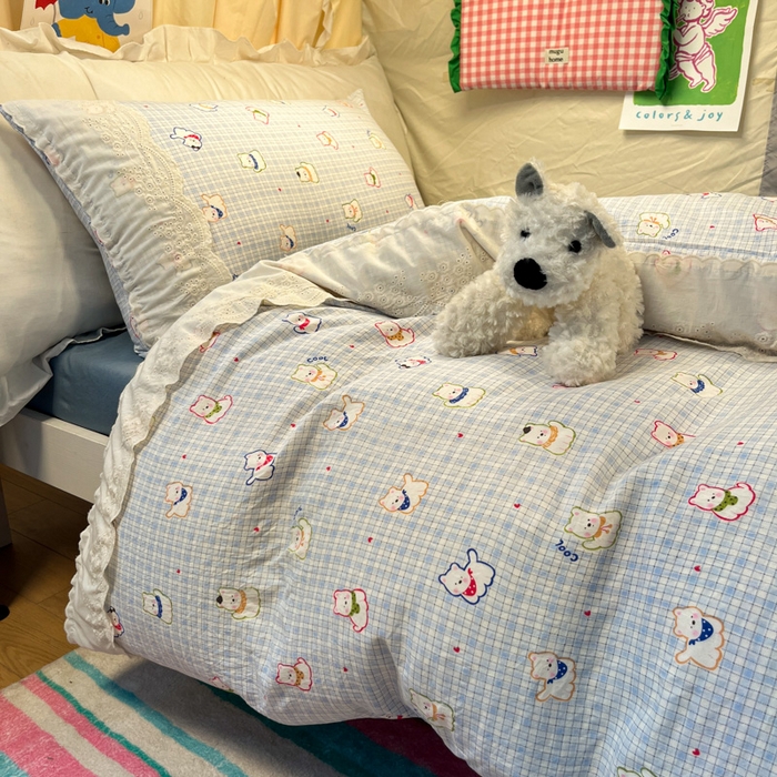 91家纺网 家纺一手货源 找家纺 澜妃 2025新款糯叽叽水洗棉全棉蕾丝花边宿舍床上下铺三件套-艾意系列 艾意-特萌西高地