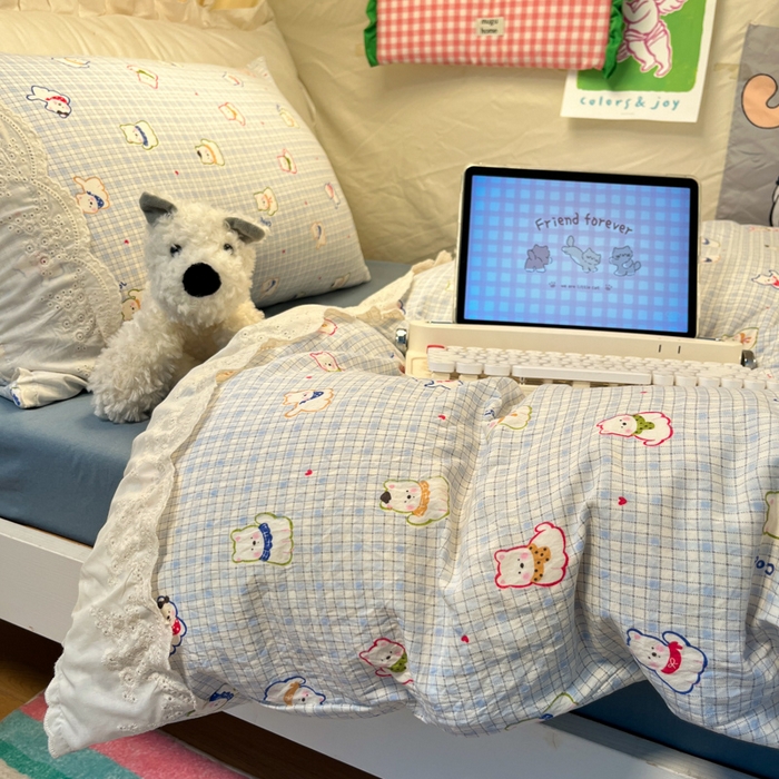 91家纺网 家纺一手货源 找家纺 澜妃 2025新款糯叽叽水洗棉全棉蕾丝花边宿舍床上下铺三件套-艾意系列 艾意-特萌西高地