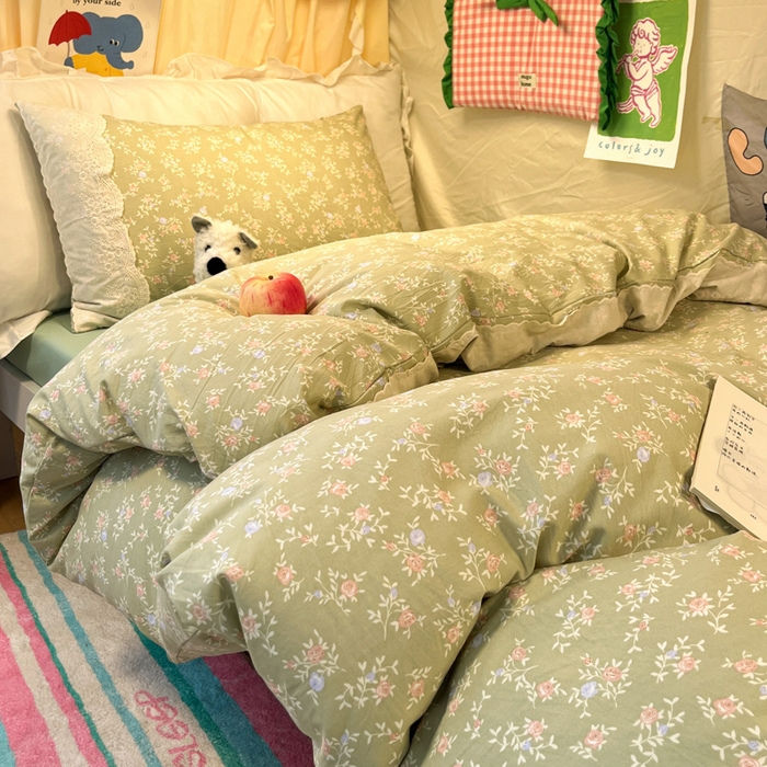 91家纺网 家纺一手货源 找家纺 澜妃 2025新款糯叽叽水洗棉全棉蕾丝花边宿舍床上下铺三件套-艾意系列 艾意-春江雾