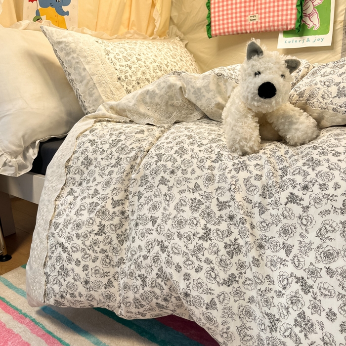 91家纺网 家纺一手货源 找家纺 澜妃 2025新款糯叽叽水洗棉全棉蕾丝花边宿舍床上下铺三件套-艾意系列 艾意-山月枇杷