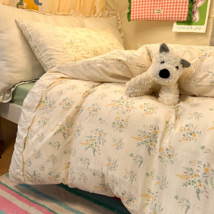 91家纺网 家纺一手货源 找家纺 澜妃 2025新款糯叽叽水洗棉全棉蕾丝花边宿舍床上下铺三件套-艾意系列 艾意-飘零