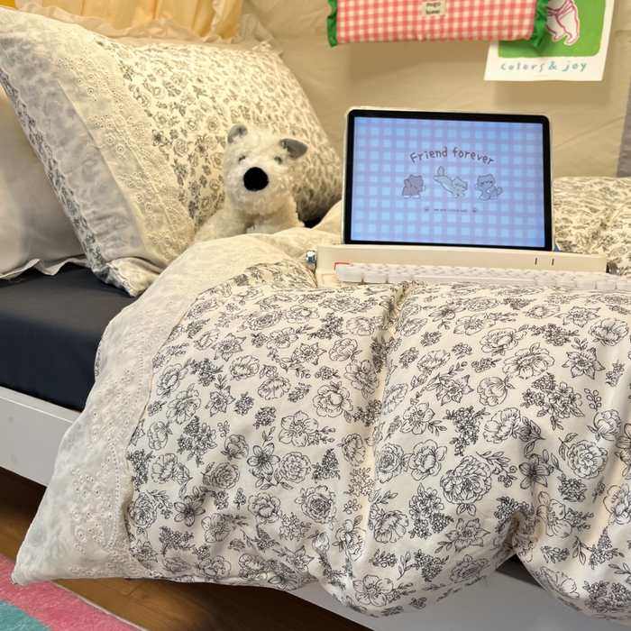 91家纺网 家纺一手货源 找家纺 澜妃 2025新款糯叽叽水洗棉全棉蕾丝花边宿舍床上下铺三件套-艾意系列 艾意-山月枇杷