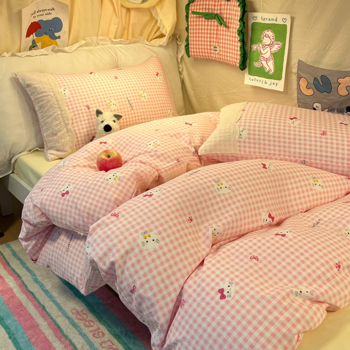 91家纺网 家纺一手货源 找家纺 澜妃 2025新款糯叽叽水洗棉全棉蕾丝花边宿舍床上下铺三件套-艾意系列 艾意-宅宅猫爪