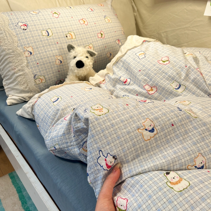 91家纺网 家纺一手货源 找家纺 澜妃 2025新款糯叽叽水洗棉全棉蕾丝花边宿舍床上下铺三件套-艾意系列 艾意-特萌西高地