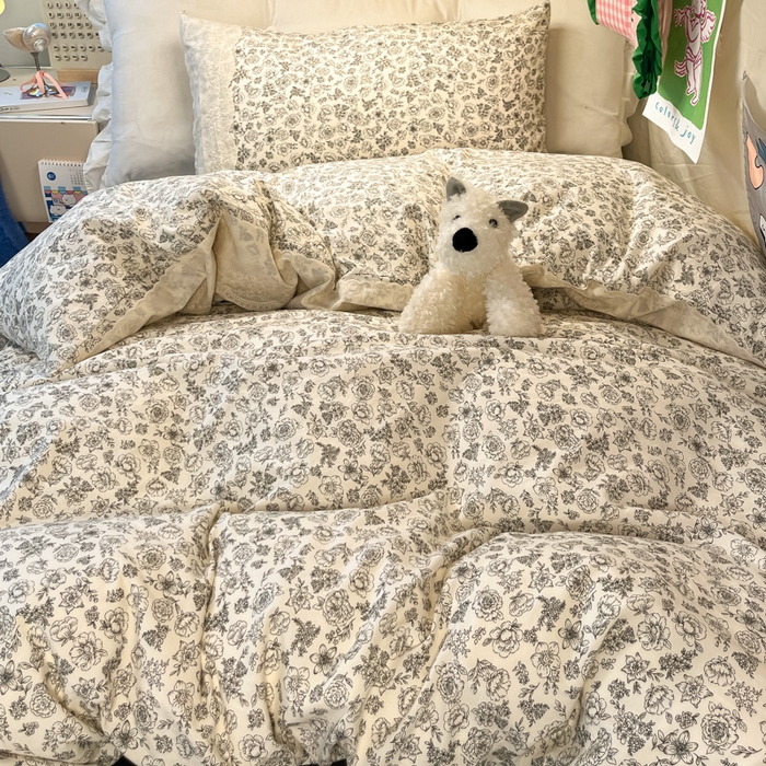 91家纺网 家纺一手货源 找家纺 澜妃 2025新款糯叽叽水洗棉全棉蕾丝花边宿舍床上下铺三件套-艾意系列 艾意-山月枇杷