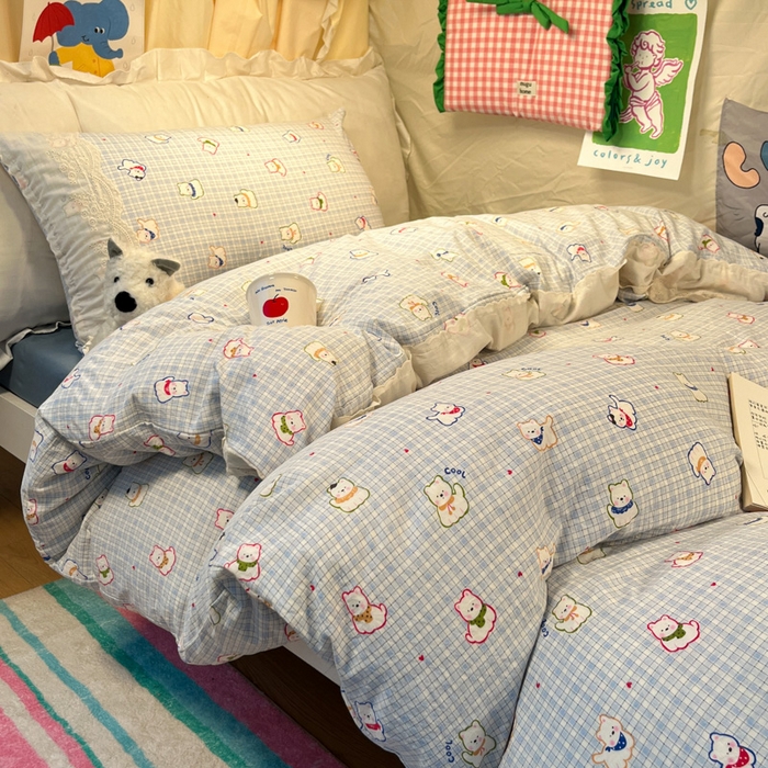 91家纺网 家纺一手货源 找家纺 澜妃 2025新款糯叽叽水洗棉全棉蕾丝花边宿舍床上下铺三件套-艾意系列 艾意-特萌西高地